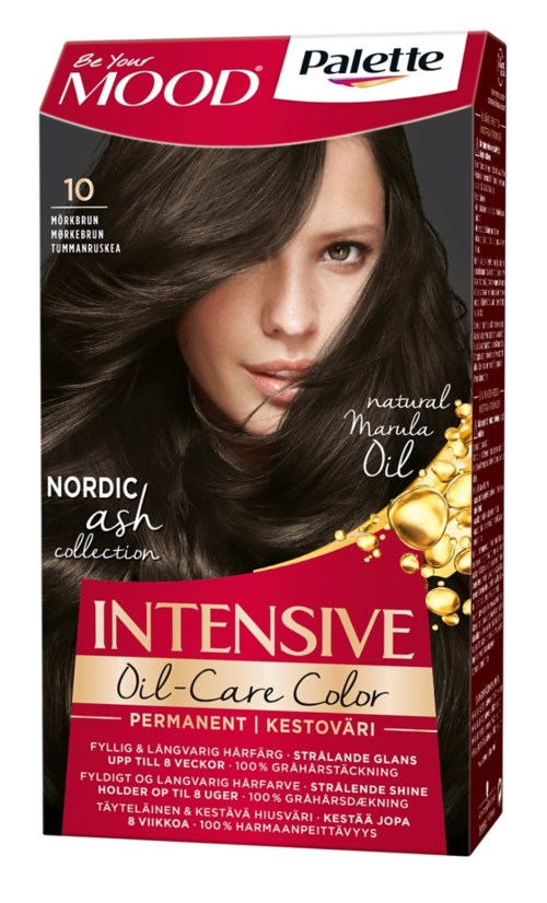 Förpackning med hårfärg som visar en kvinna med mörkt, glänsande hår, märkt 'Intensive Oil-Care Color' med naturlig manukaolja.