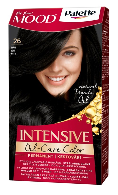 Eine Frau mit langen, schwarzen Haaren lächelt und bewirbt eine Schachtel Haartönung namens Palette Intensive Oil-Care Color.