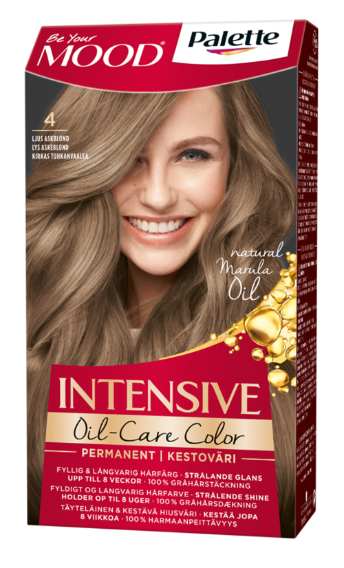 Eine Packung Haarfärbemittel mit einem lächelnden Mädchen mit langen, glänzenden Haaren und goldenen Öltropfen auf der Verpackung.