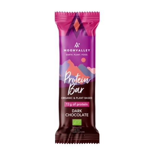 A protein bar with purple and pink packaging, labeled 'Dark Chocolate', and mentions 12g protein and organic ingredients.