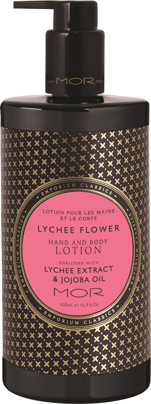 Black bottle with gold patterns, pink label, describes hand and body lotion with lychee flower and jojoba oil.