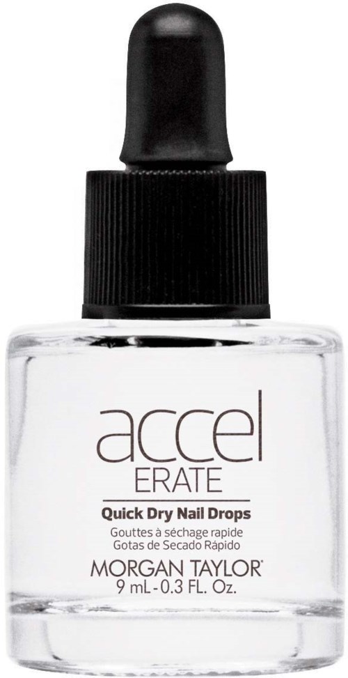 Przezroczysta butelka z kroplami nabłyszczacza do paznokci, z czarnym nakrętkiem, oznaczona 'Accelerate Quick Dry Nail Drops'.