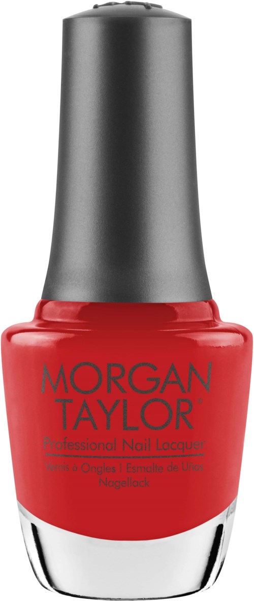 En röd nagellackflaska med en silver- och svart topp, märkt 'Morgan Taylor'.