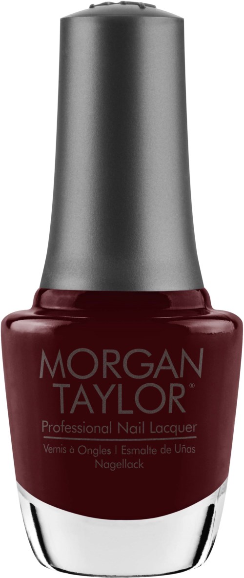 Röd nagellackflaska med silverlock och märket Morgan Taylor.