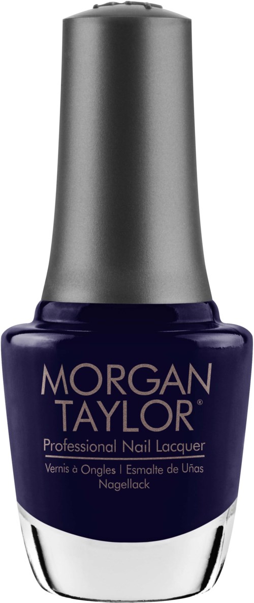 En mörkblå nagellackflaska med en silverkapsel, märkt 'Morgan Taylor' för professionellt nagellack.