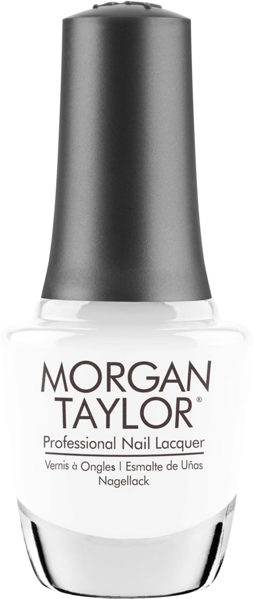 En flaska Morgan Taylor professionell nagellack med svart lock och vit kropp. Etiketten visar varumärket.