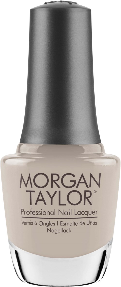 En flaska Morgan Taylor nagellack i en ljus beige färg med ett silverlock.