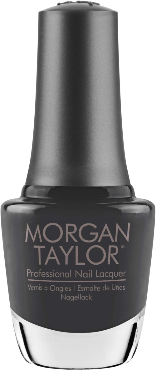 Mörkgrå nagellacksflaska med silverbotten och etikett som säger 'Morgan Taylor'.