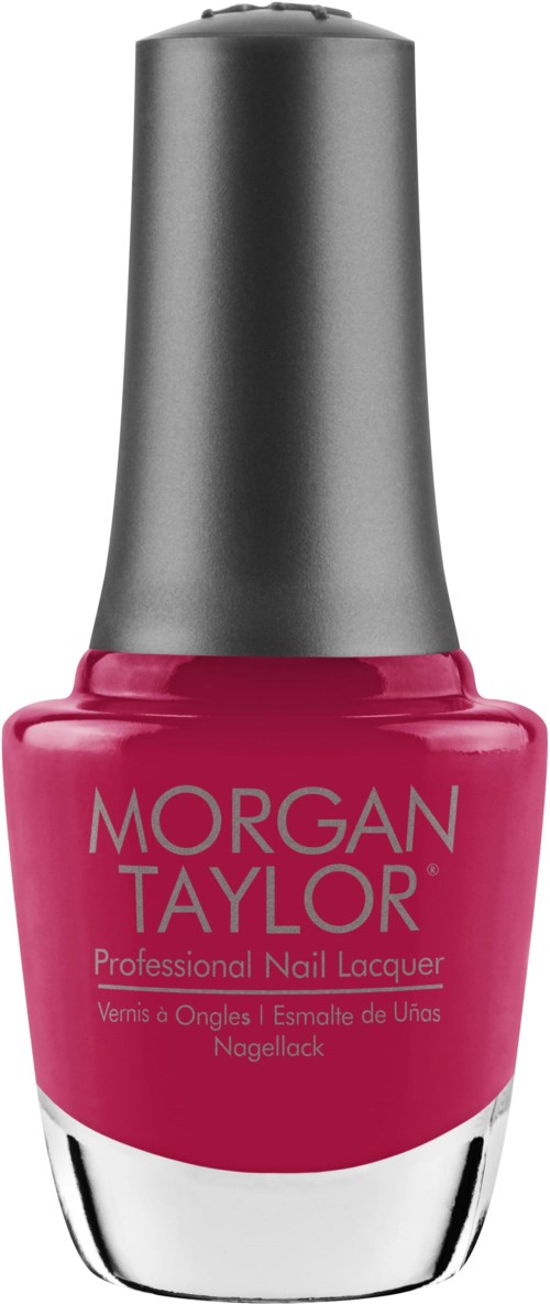  rosa nagellackflaska med svart lock, märkt Morgan Taylor, visar en professionell nagellack.