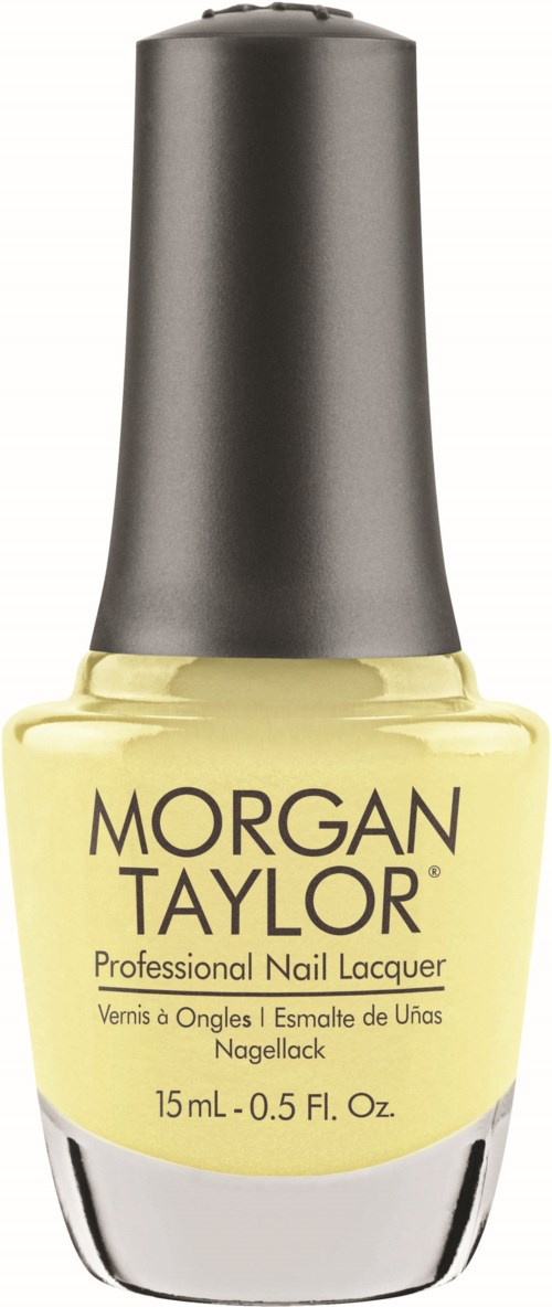 En flaska Morgan Taylor gul nagellack med svart lock.