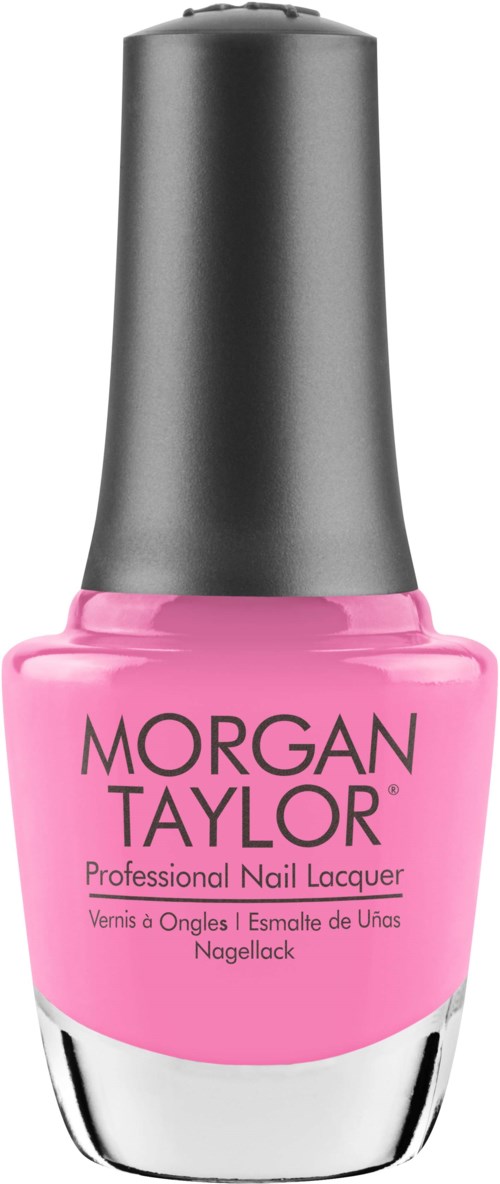 En rosa nagellackflaska med silverlock och svart text som säger 'Morgan Taylor'.