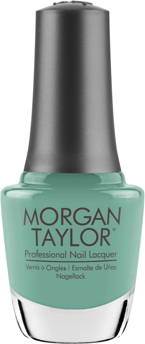 En flaska med mörkgrön nagellack med en grå kork och silverbas, märkt Morgan Taylor.