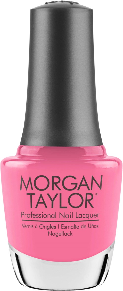En rosa nagellackflaska med en silverhatt som är märkt 'Morgan Taylor' och 'Professional Nail Lacquer.'