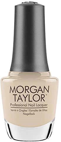 A bottle of Morgan Taylor nail polish, beige color, with a simple black cap, plain label.