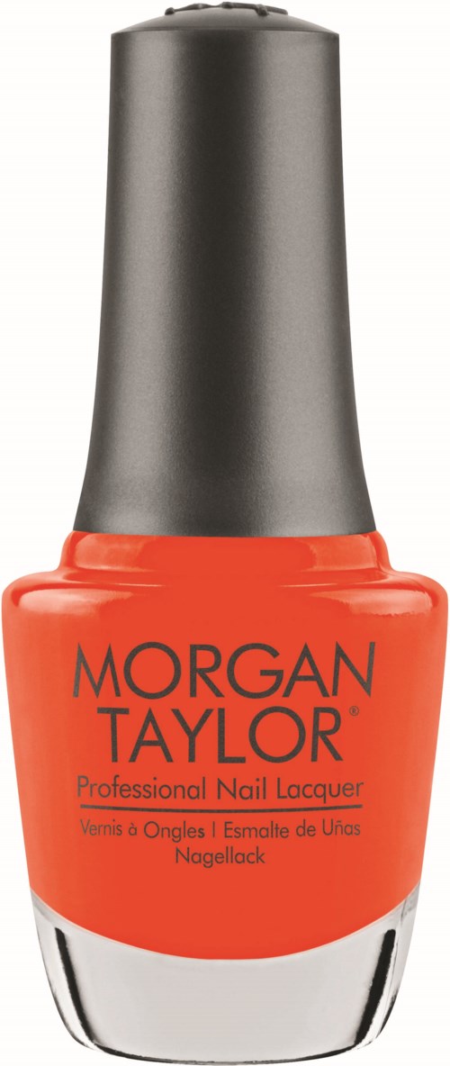 Ljust orange nagellack i flaska med svart och silver kork, märkt Morgan Taylor.