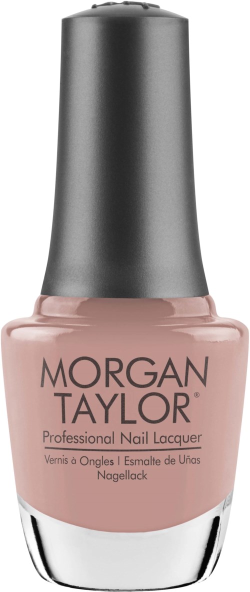 En liten, rosa nagellackflaska med ett grått lock och svart text som säger 'Morgan Taylor' och 'Professional Nail Lacquer.'