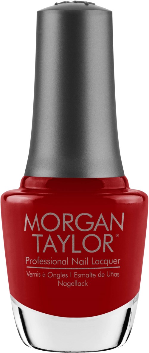 Röd nagellack i flaska med silverkapsel och vit text, märkt Morgan Taylor, professionell nagellack.