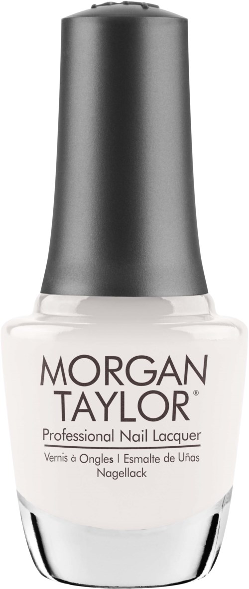 Vit nagellackflaska med svart lock, märkt Morgan Taylor, professionell nagellack.