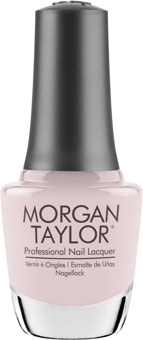 En flaska med rosa nagellack med svart lock, märkt 'Morgan Taylor, Professional Nail Lacquer.'