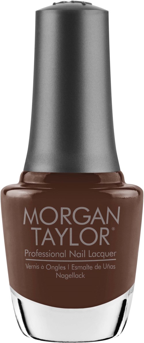 En brun nagellackflaska med silverlock, märkt 'Morgan Taylor' och 'Professional Nail Lacquer.'