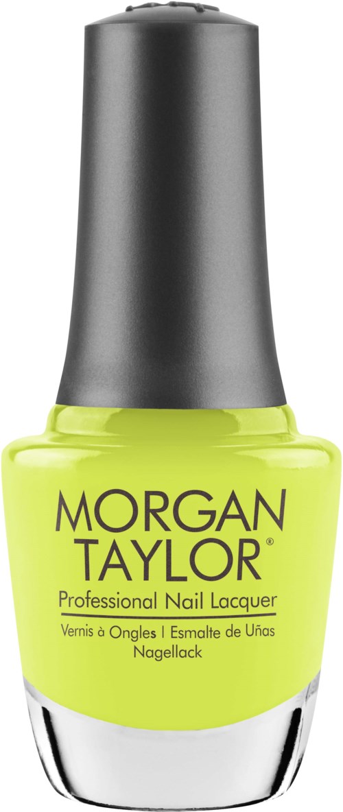 Ljusgul nagellackflaska med svart lock, märkt 'Morgan Taylor' och 'Professional Nail Lacquer'.