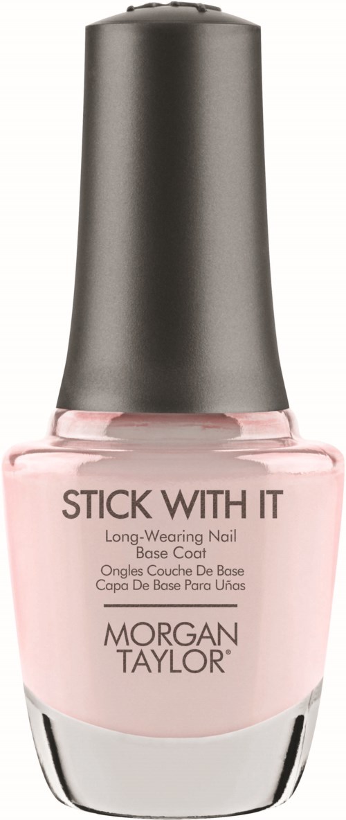 A pink nail polish bottle with a gray cap, labeled 'STICK WITH IT' by Morgan Taylor. Long-wearing base coat.