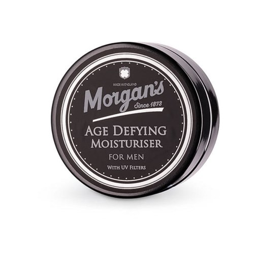 En rund burk med herrkräm kallad Morgans, med svartvitt etikett, innehåller UV-filter.