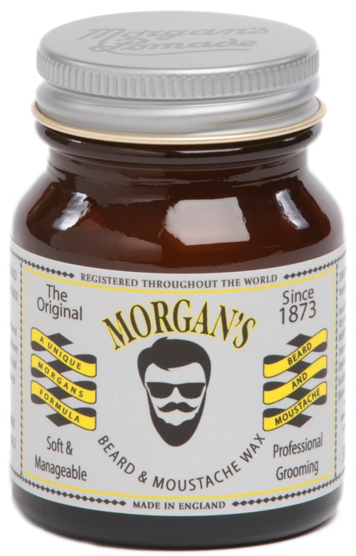 Een pot Morgan's baard- en snorwax, met een witte deksel en label met een baardige man met zonnebril.