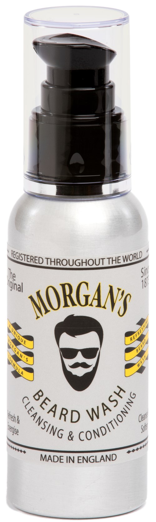 Hopea pullo, jossa musta pumppu ja teksti 'Morgan's Beard Wash' sekä kuva parrakkaasta miehestä.
