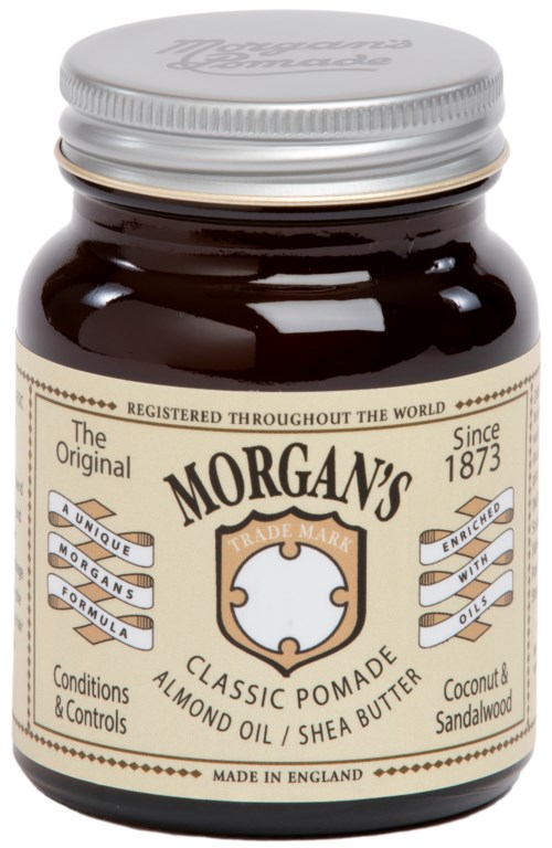 En burk Morgan's klassiska julpomada med mandelolja och sheasmör, tillverkad i England.