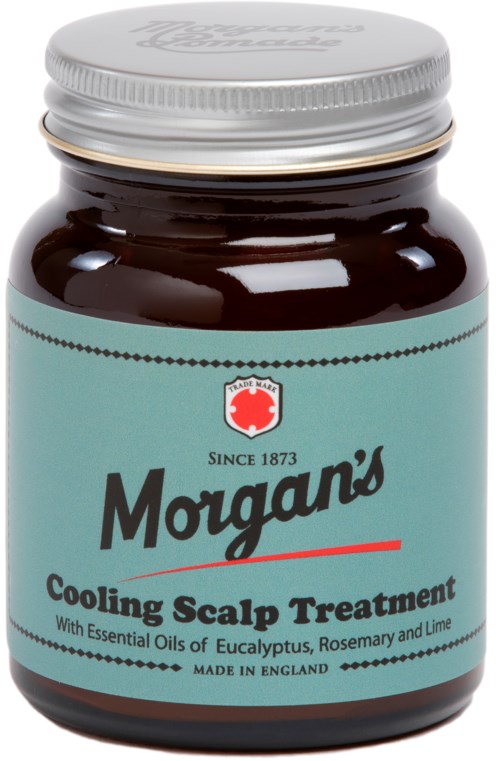 En flaska märkt Morgan's Cooling Scalp Treatment med eteriska oljor, inklusive eukalyptus, rosmarin och lime, tillverkad i England.