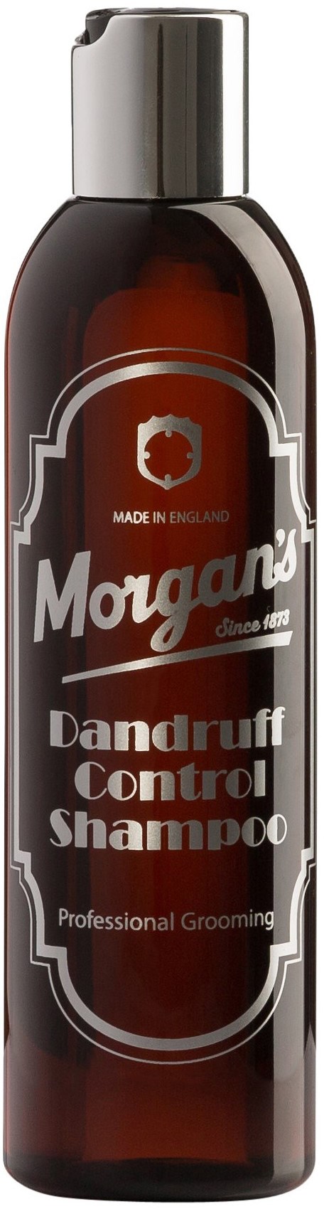 En brun flaska Morgans Dandruff Control Shampoo med silverlock, märkt för professionell trimning.
