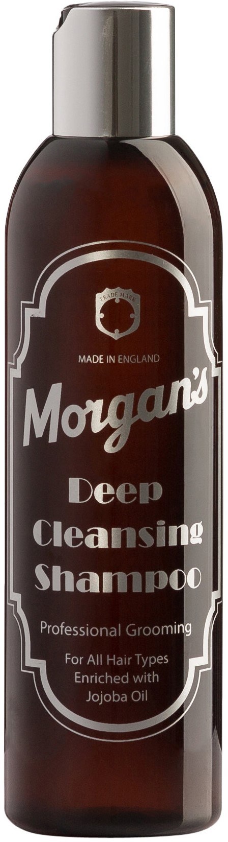 Tumma ruskea pullo, jossa lukee 'Morgans Deep Cleansing Shampoo', hopeinen korkki, kaikki hiustyypit.