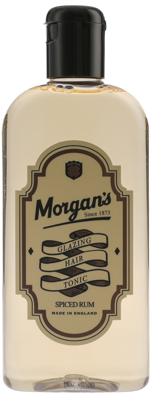 Butelka Morgan's Glazing Hair Tonic z czarną nakrętką, oznaczona jako zawierająca pikantny rum, wyprodukowana w Anglii.