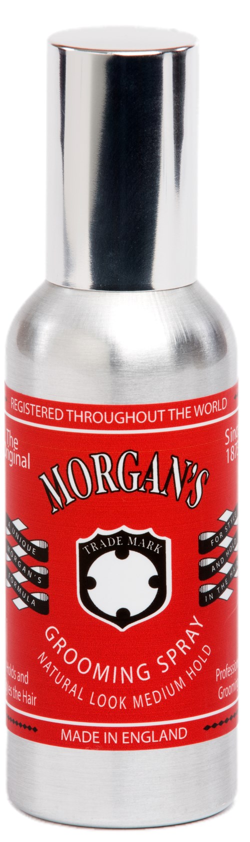 Mała srebrna butelka z czerwonym etykietą, czarnym i białym tekstem oraz srebrną nakrętką. To jest spray do pielęgnacji marki Morgan's.