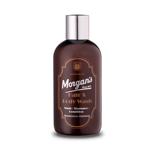 Brun flaske merket Morgan's Hair & Body Wash, laget i England, med sølvhette.