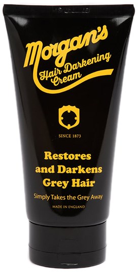 En svart tub med gul text och logo, beskriver en hårdunkande kräm som återställer och mörkar grått hår.