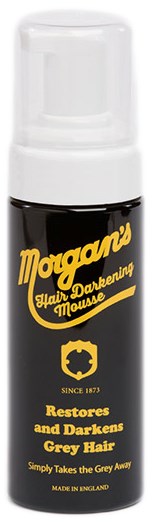 En liten flaska Morgans Hair Darkening Mousse med pump, svart etikett, gul text och en logga.