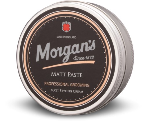 En rund beholder med brun og sort etikette, mærket Morgans Matt Paste til professionel pleje og styling.