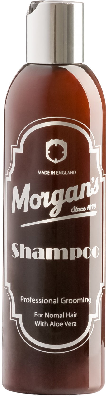 En brun schampoflaska med silverfärgad topp. Etiketten säger 'Morgans Shampoo' och nämner aloe vera för normalt hår.
