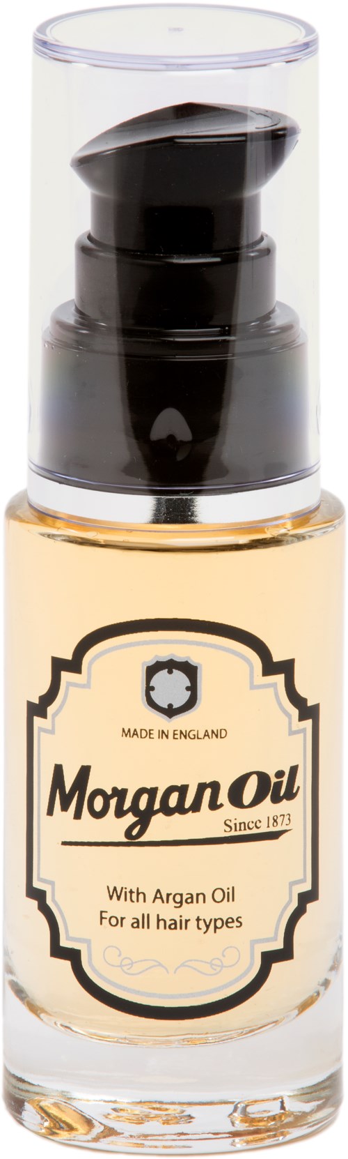 Kleine fles met heldere vloeistof en een zwarte pomp, gemarkeerd Morgan Oil met arganolie voor haar.