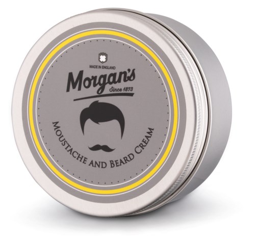 Eine runde, silberne Dose mit einem Etikett für Morgan's Schnurrbart- und Bartcreme mit Schnurrbart- und Haarillustration.
