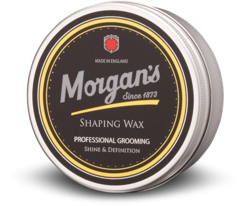 En rund behållare märkt Morgan's Shaping Wax för professionell styling, tillverkad i England, med svart, gult och vitt design.
