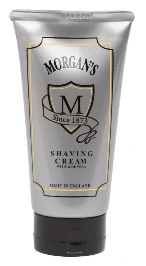 Eine weiße Tube Rasierschaum mit schwarzem Deckel und goldrandigem Etikett, beschriftet mit 'Morgan's Since 1873 Shaving Cream.'