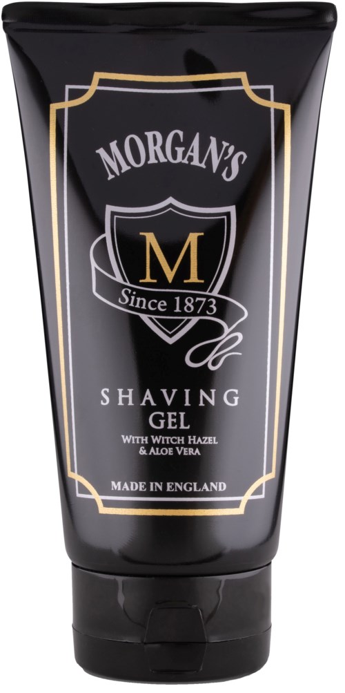Svart tub med rakgel för män med guld- och silvertext och Morgan's-logotyp.