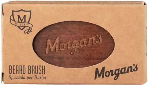 En kartonglåda med en träborste för skägget, märkt Morgan's, med en logga och text. Slutar med en punkt.