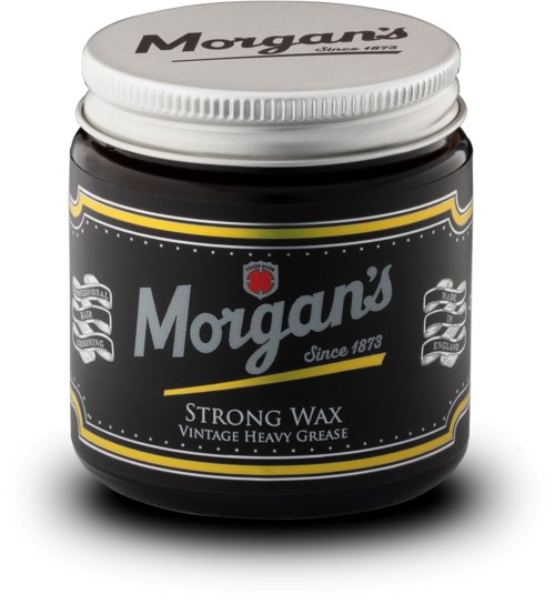 En burk med Morgans Strong Wax, vintage tungt fett, svart behållare med vit lock, gul och vit etikett.