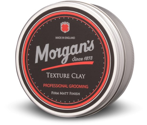 En rund behållare märkt 'Morgan's Texture Clay' för professionell styling, med matt och fast finish. Tillverkad i England.