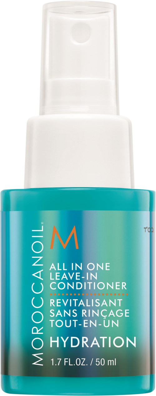 A blue bottle with a spray top, labeled Moroccanoil All-in-One Leave-In Conditioner for hydration.