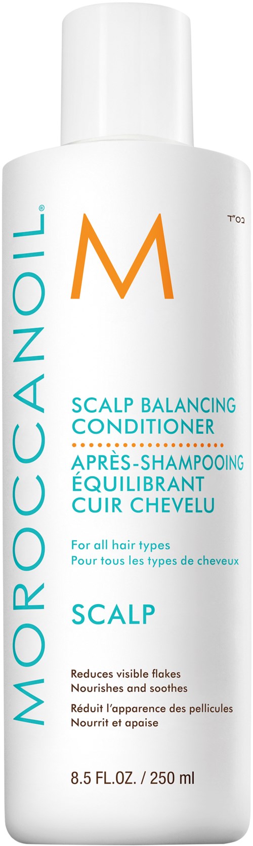A white bottle of Moroccanoil scalp balancing conditioner with blue and orange text.